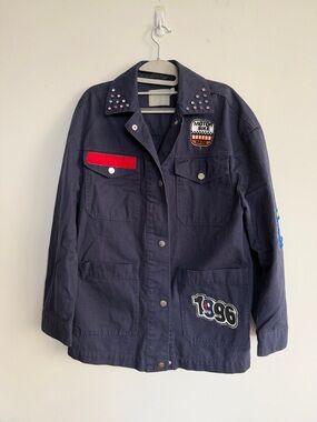 ASOS Navy Patchwork Jean Jacket with Red Accent